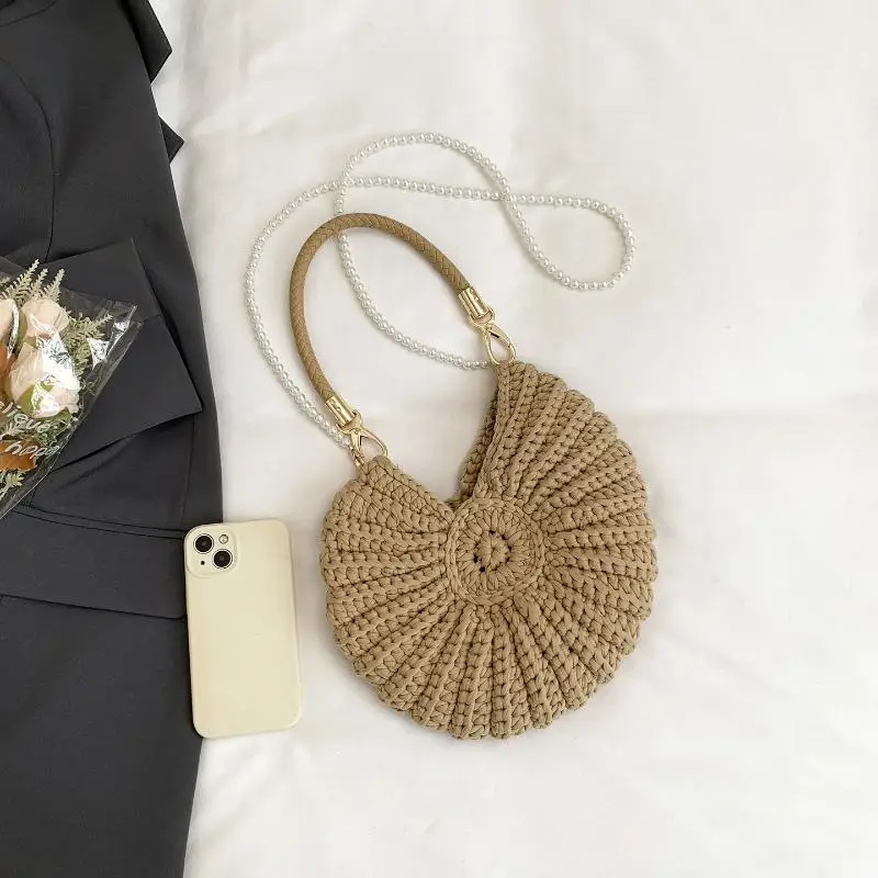 Muschelschalen-Strick-Häkel-Umhängetasche, Perlenketten-Handgewebte Damen-Schultertasche, Elegante Zarte Niedliche Kompakte Handtasche – Detail 6