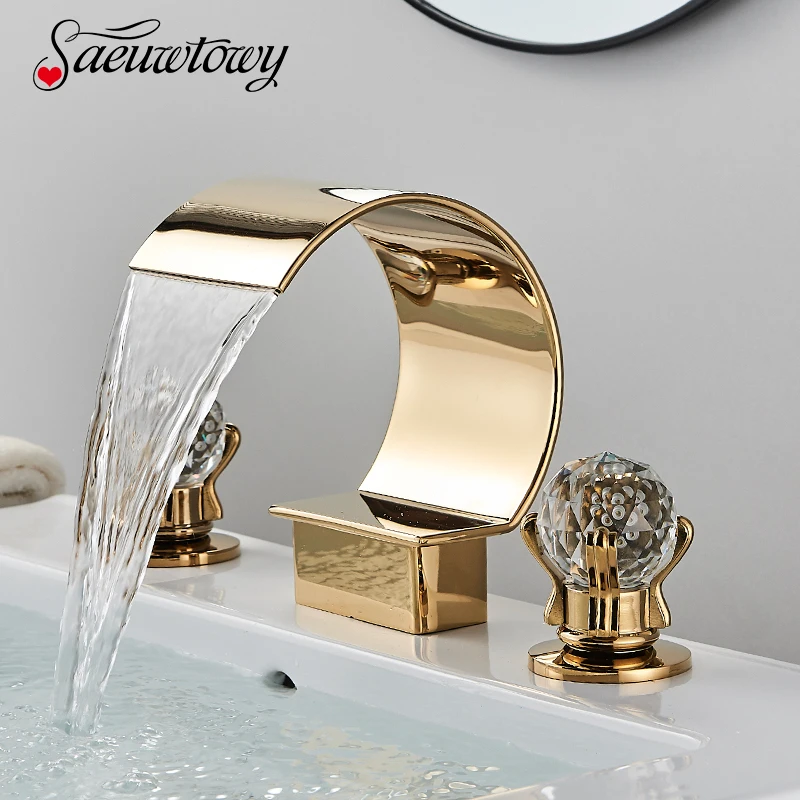 Crystal Handle Waterfall Bathroom Basin Faucet 3 Hole 2 Handle Sink Mixer Faucet Basin Faucet Torneira Rubinetti Bagno Basin Tap