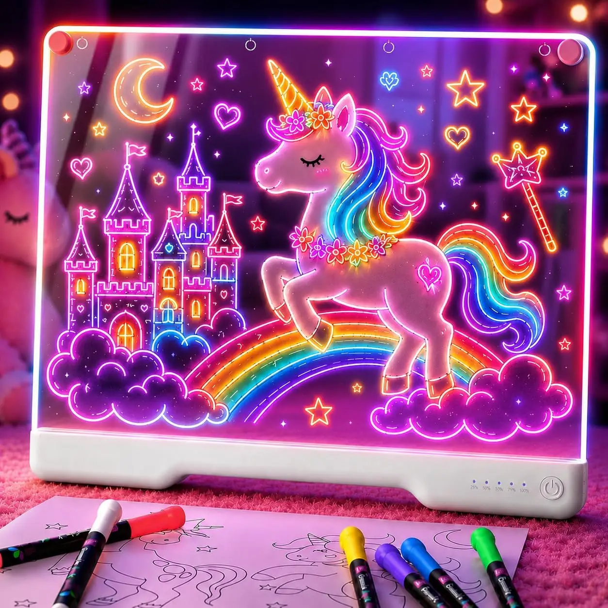 16 Inch Rechargeable LED Drawing Board, 9-Color Light Effects Acrylic Dry Erase Doodle & Message Board, Light Up Writing Tracing Pad for Drawing Room Decor Birthday Christmas Gift