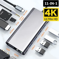 USB C 허브 C타입 4K HDMI 어댑터, RJ45 SD/TF 카드 리더기, 맥북 노트북 컴퓨터용 PD 고속 충전 도킹 스테이션, 11 인 1