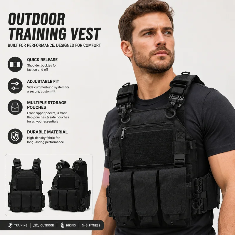 Tactical Vest Polyester Carrier with Triple Magazine Pouch Quick Release Airsoft Hunting Vest for Outdoor Training