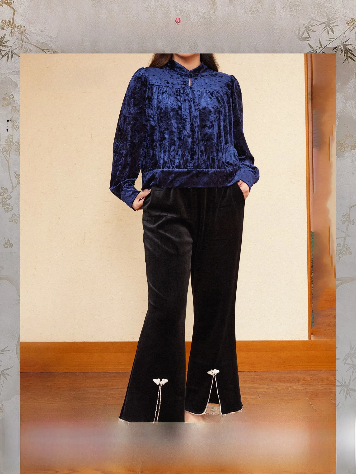

Ele Split Девять-компонентные брюки PlusMall Murren Resin Fce Velvet Осень-зима Женские прямые брюки Повседневные Ele ...