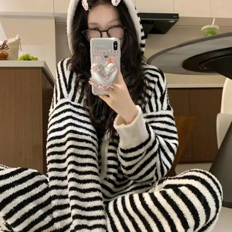 

Полуфлисовый женский пижамный комплект, домашняя одежда, одежда для сна, полосатая молния с капюшоном, теплая утолщенная домашняя одежда, верхняя одежда, осень-зима