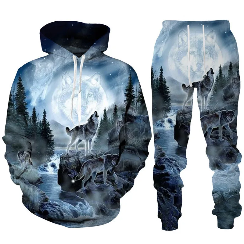 2024 Hoodie Anzug Tier Wolf 3D-Druck Männer Trainings anzug/Hose lässig Streetwear Langarm Overs ize Herbst Winter neue Hot-Selling