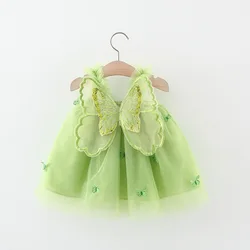 Summer New Girl's Dress Sweet Hanging Strap Butterfly Mesh Cute Back Butterfly Wings Mesh Dress Princess Dress Suitable for 0-3