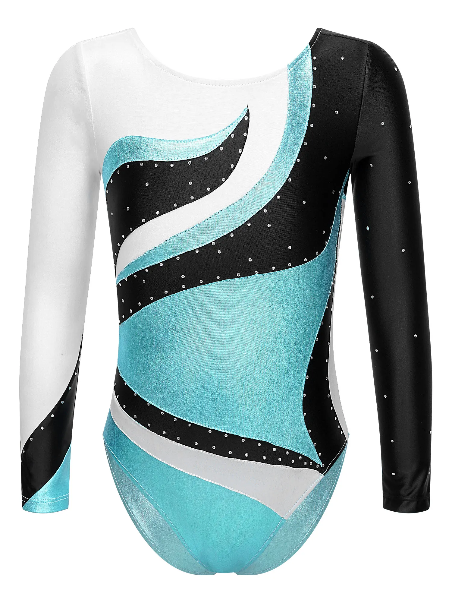 

Kids Girls Long Sleeve Round Neckline Jumpsuit Shiny Rhinestone Decorated Contrast Color Bronzing Cloth Dance Skating Leotards