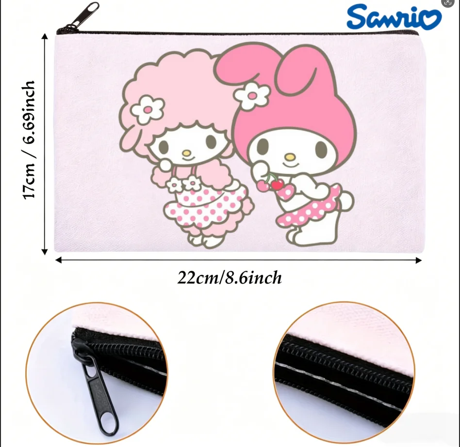 

1PC Cute Sanrio Best Friend Duo Pink Floral Canvas Cosmetic Bag Double-side Print Portable Daily Storage Organizer