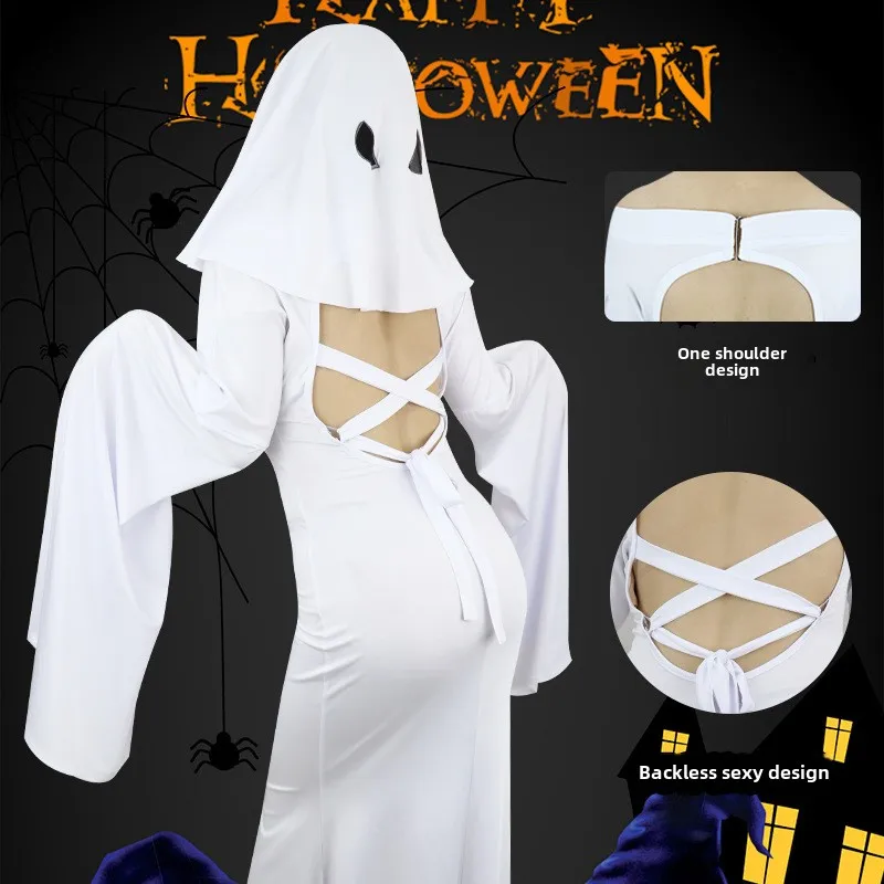 Nuevo disfraz de Cosplay de fantasma femenino, disfraz de Halloween para asustar a los ojos negros sonriente, cara ceñida blanca, disfraz de grito, vestido elegante para adultos