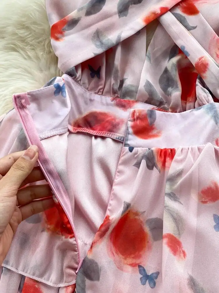 Mulheres sexy sem costas vestido de praia verão pintura a óleo impresso com decote em v chiffon vestidos longos senhoras magro a linha camada longo robe