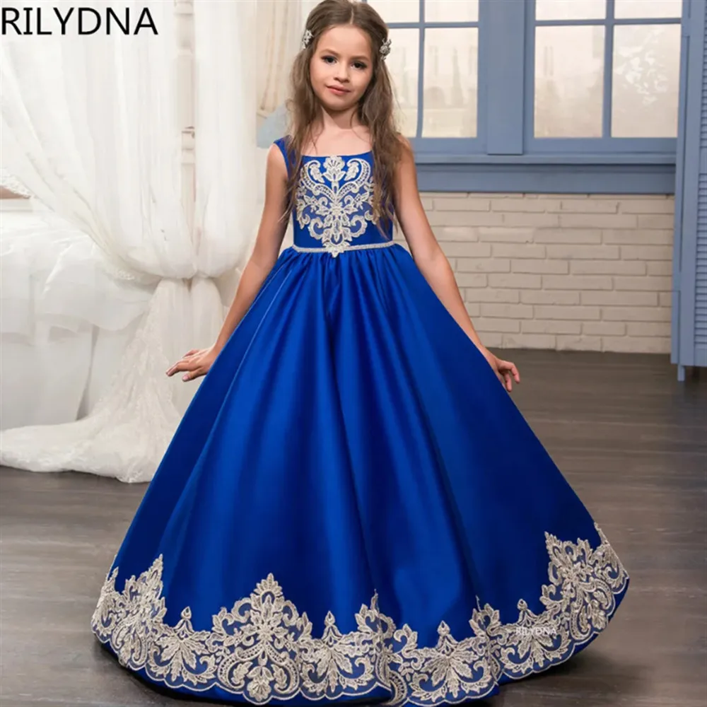 

Customized Royal Blue Flower Girl Wedding Dress Appliques With Bow Sleeveless Birthday Party Dress Princess Banquet Gown