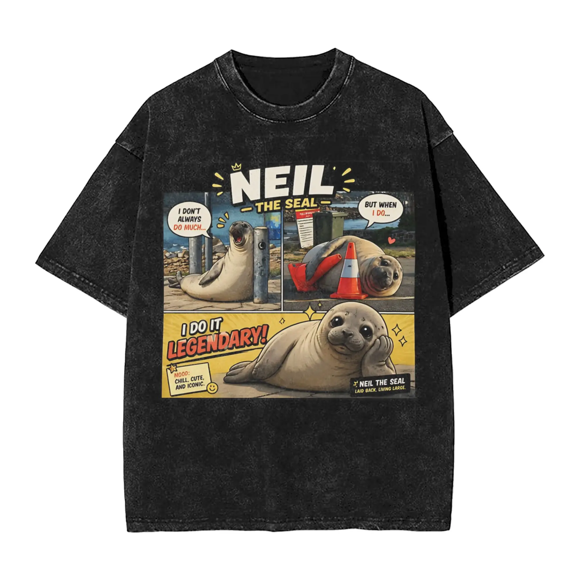 Washed T Shirt Neil The Seal  Funny Comic Seal Meme Vintage T-Shirts Harajuku Streetwear Short Sleeve Summer Tops Tees Men Women