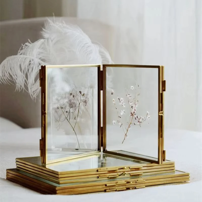 

Cutelife Nordic Golden Double Glass Iron Photo Frame Square Home Decoration Wall Picture Frame DIY Art Flower Table Photo Frame