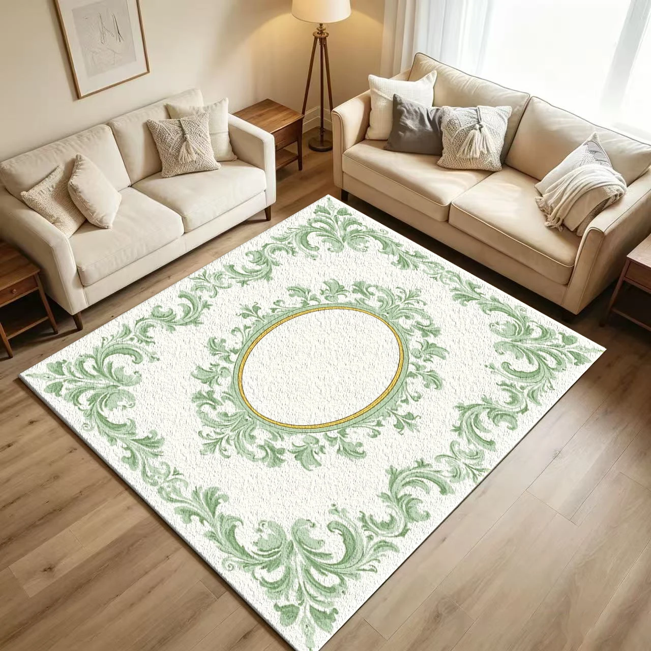 Vintage Baroque Green Scroll Frame Carpet Flooring European Retro Ornate Acanthus Leaf Border Printed Floor Rug for Household Indoor Home Classic Ornament