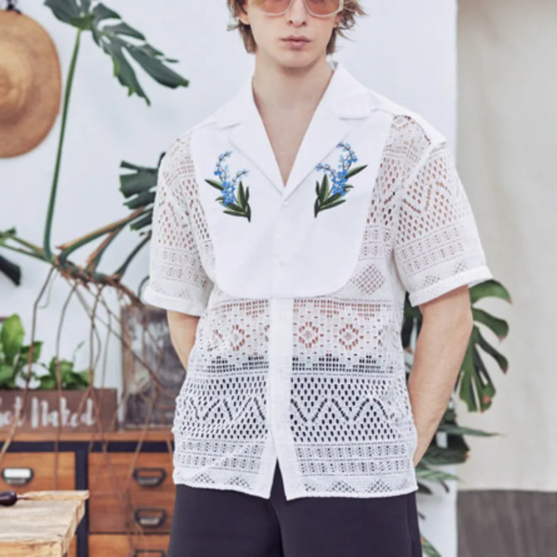 WVGA Spring Summer New Men Tide French Retro Lace Embroidery Trendy Shirts Cuban Collar Niche Chic Casual Hollow Out Tops W17839