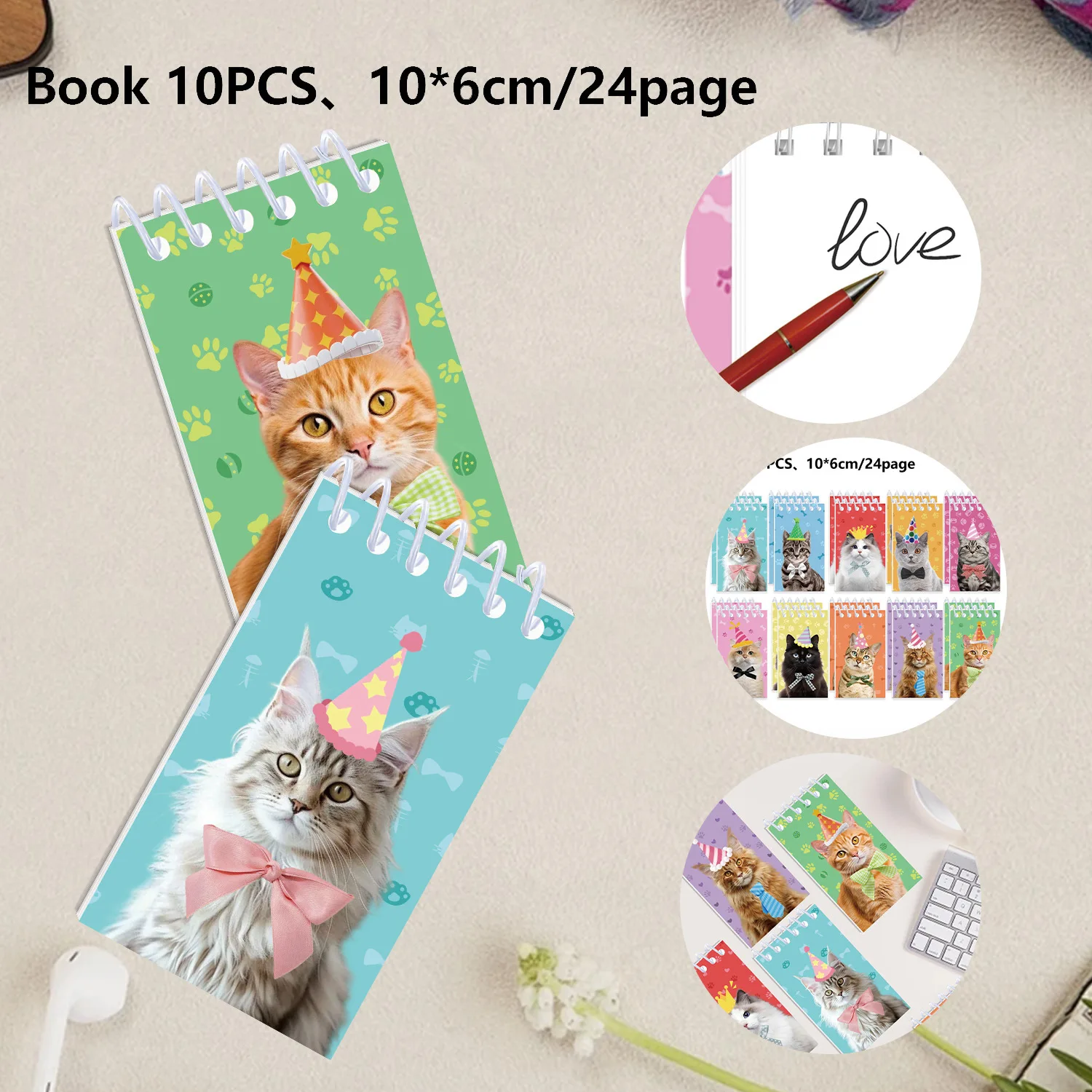 10Pcs Cartoon Cute Pet Cat Portable Coil Notebook Mini Notepad for Kids Pet Theme Birthday Party Favors Back To School Rewards - view 2