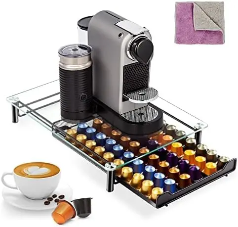 

60 Pods Holder Drawer, Coffee Capsule Organizer for with Glass Tray and Anti -slip Feet, Coffee Strorage Rack of Big Capacity