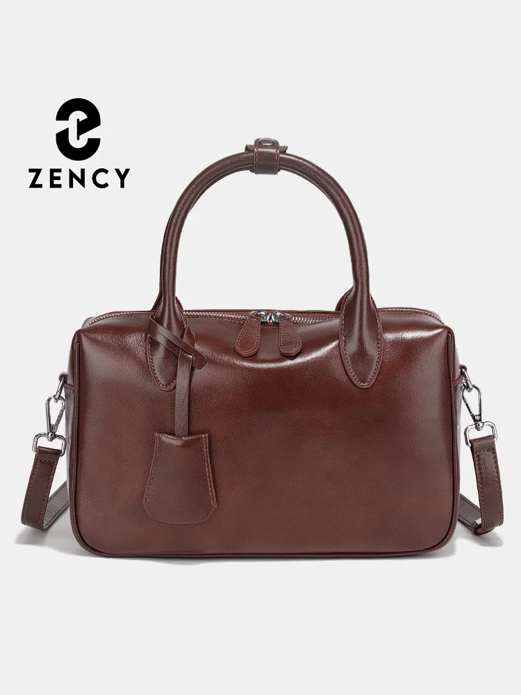 

Zency Genuine Leather Vintage Designer Handbag For Women Large Capacity Shoulder Bag 2025 New Boston Bag Oil Wax Top Handle Sac