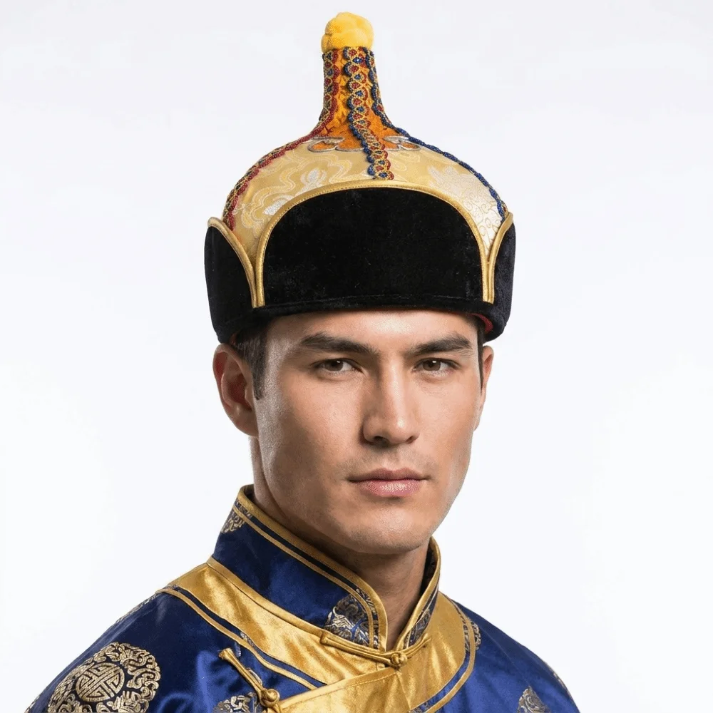 Golden and Blue Pointed Dance Hat Stable Pointed Shape Comfortable Wearing Ethnic Costume Headwear Neat Stitching