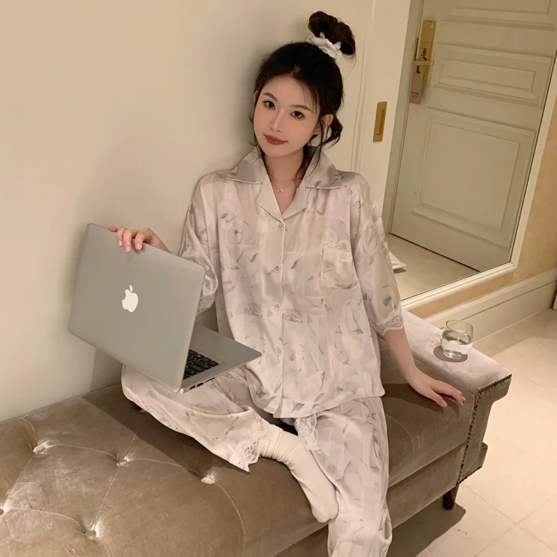 Women's Summer Short-sleeved Suit Light Luxury Underwear High-end Ins Style Love Jacquard Temperament Fashion Ice Silk Pajamas