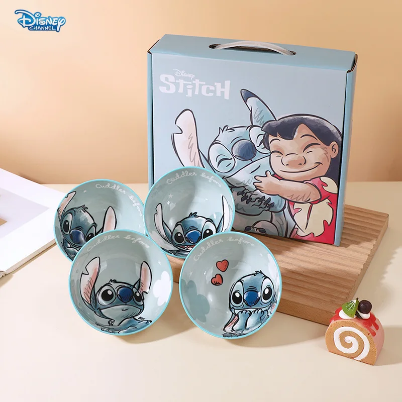 Disney 4pcs Stitch Dinner Bowl Home Ceramic Rice Bowl Kids Bowl Cartoon Little Winnie the Pooh Strawberry Bear Kitchen Gift Set