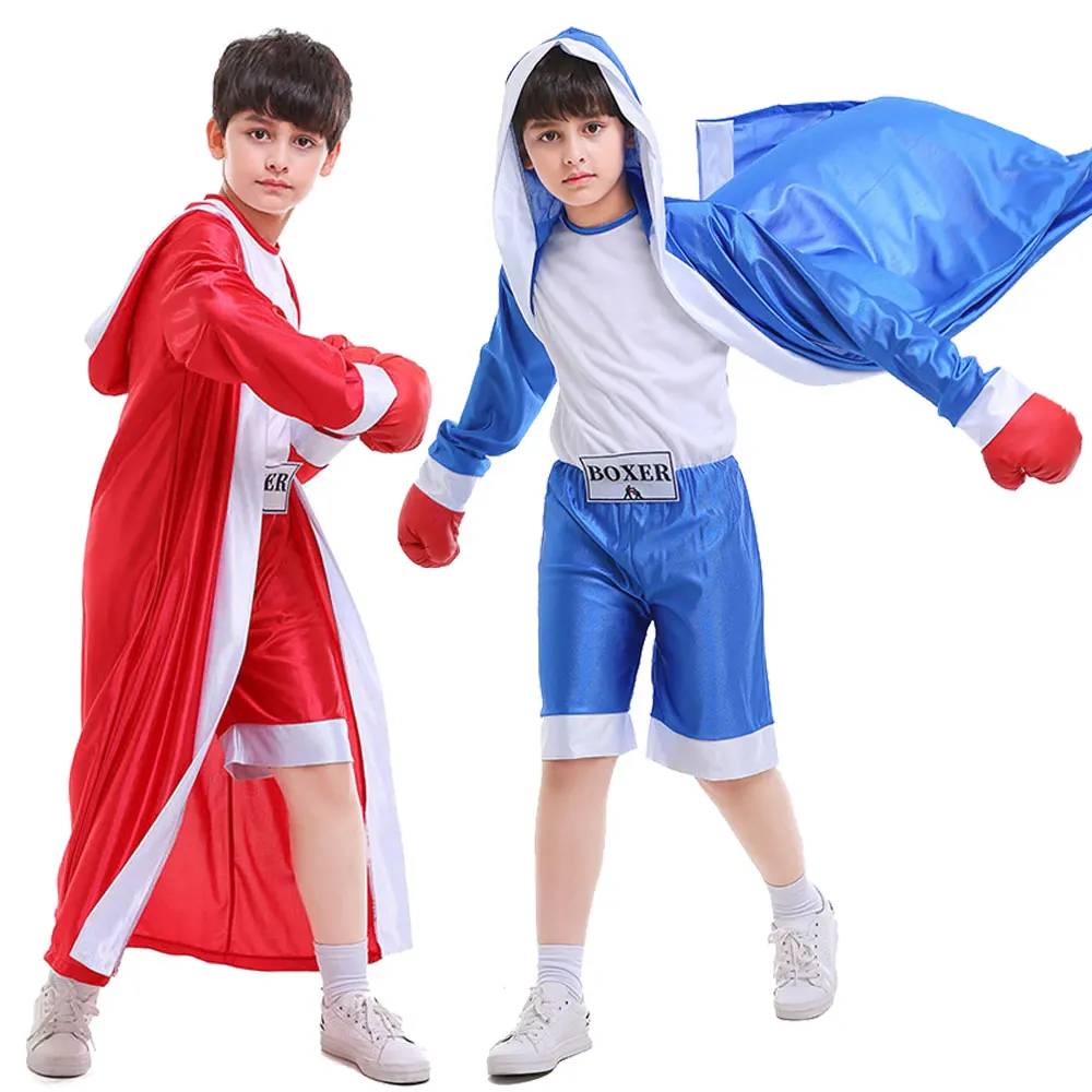 

Halloween Kids Red Blue Boxer Costume Boy Jumpsuit With Shorts Movie Boxing Robe Match Cosplay Stage Show Tracksuit Uniform