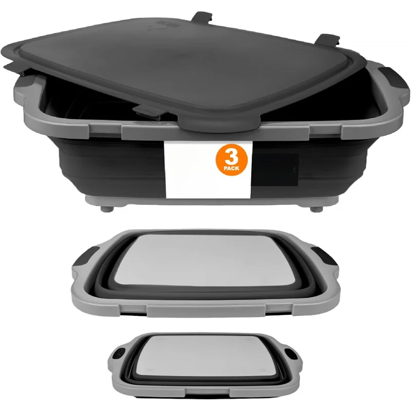 

Складные ванны для приготовления барбекю, набор из 3 предметов — для хранения пищевых продуктов для приготовления пищи — в комплект входит разделочную доску.