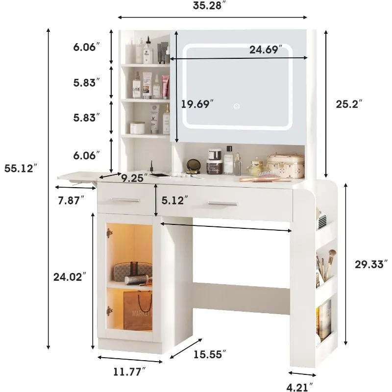 Large Sliding Mirror Vanity, Glowing Mirror with Hidden Shelves and Charging Station Makeup Vanity, Modern Vanity with Large