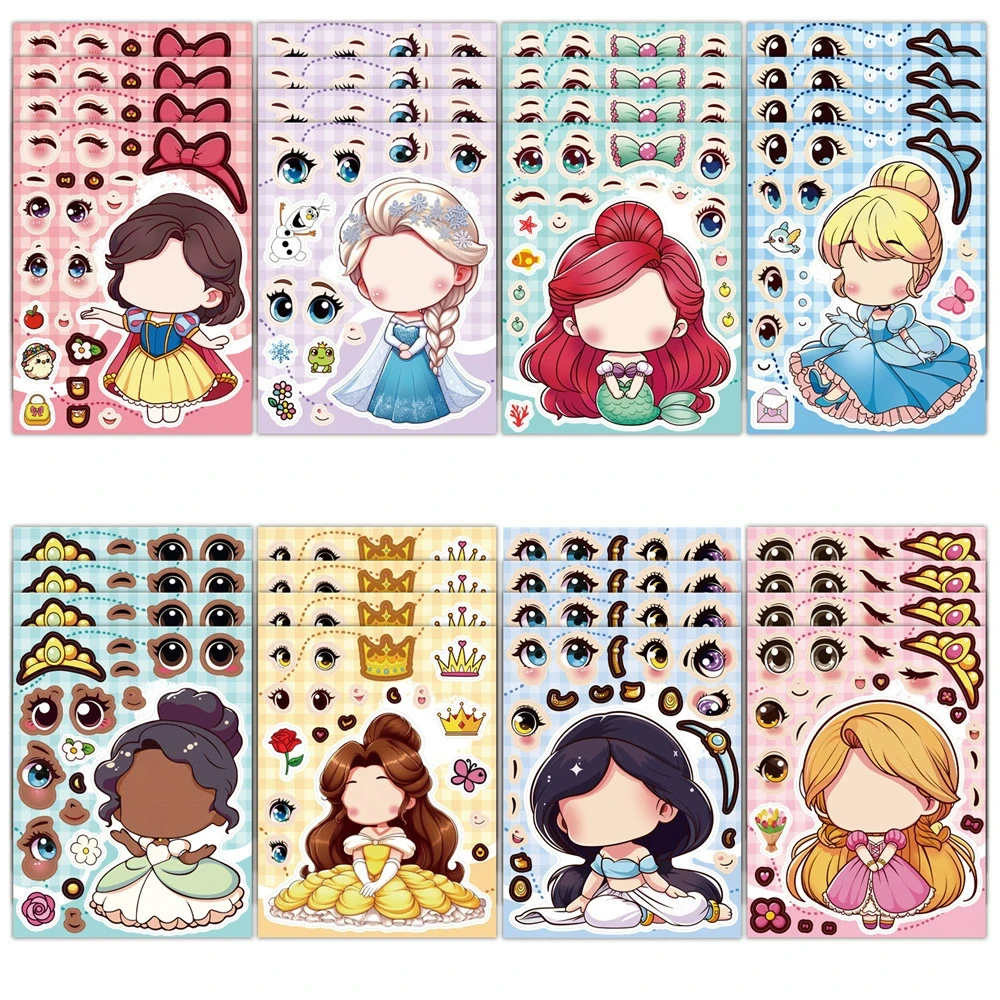 

8/16Sheets Princess Face Changing Stickers DIY Account Materials Phone Cases Laptops Suitcases Water Cups Waterproof Stickers