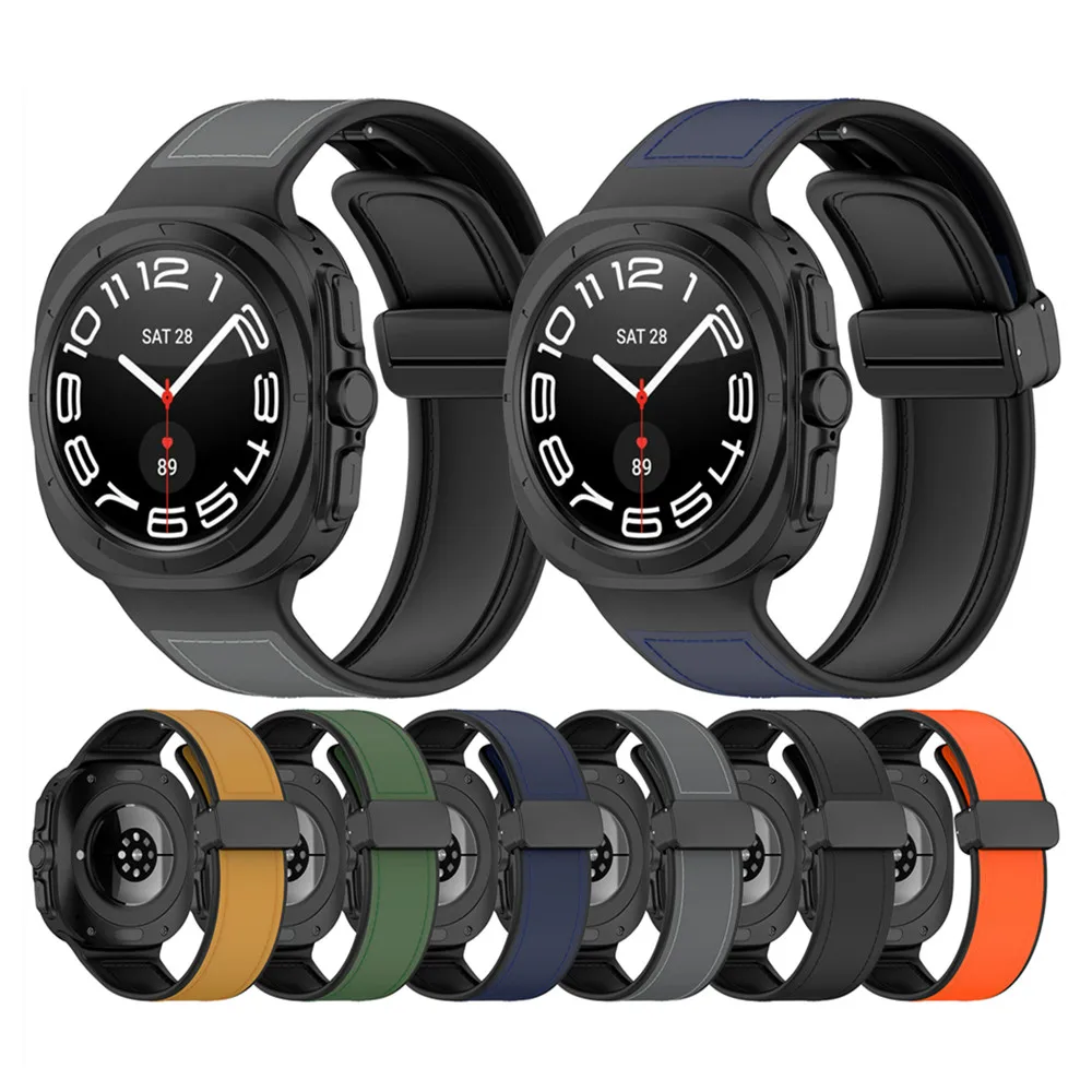 Bracelet de montre en silicone et cuir pour Samsung Galaxy Watch Ultra, 47mm, structure pliable magnétique