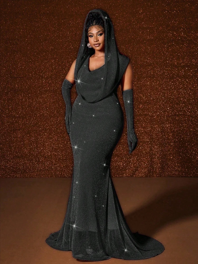 فستان ماكسي جديد مزين بقلنسوة بدون أكمام بحاشية ذيل السمكة فستان أنيق لحفلات الزفاف مقاس كبير فساتين نسائية ضيقة مثيرة في الحفلات