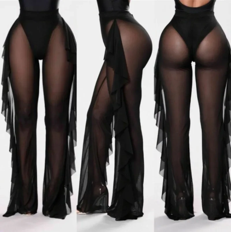 

Womens Pants Ruffle Sheer Mesh Swimwear Bikini Cover Up Pants See Through Pants Women