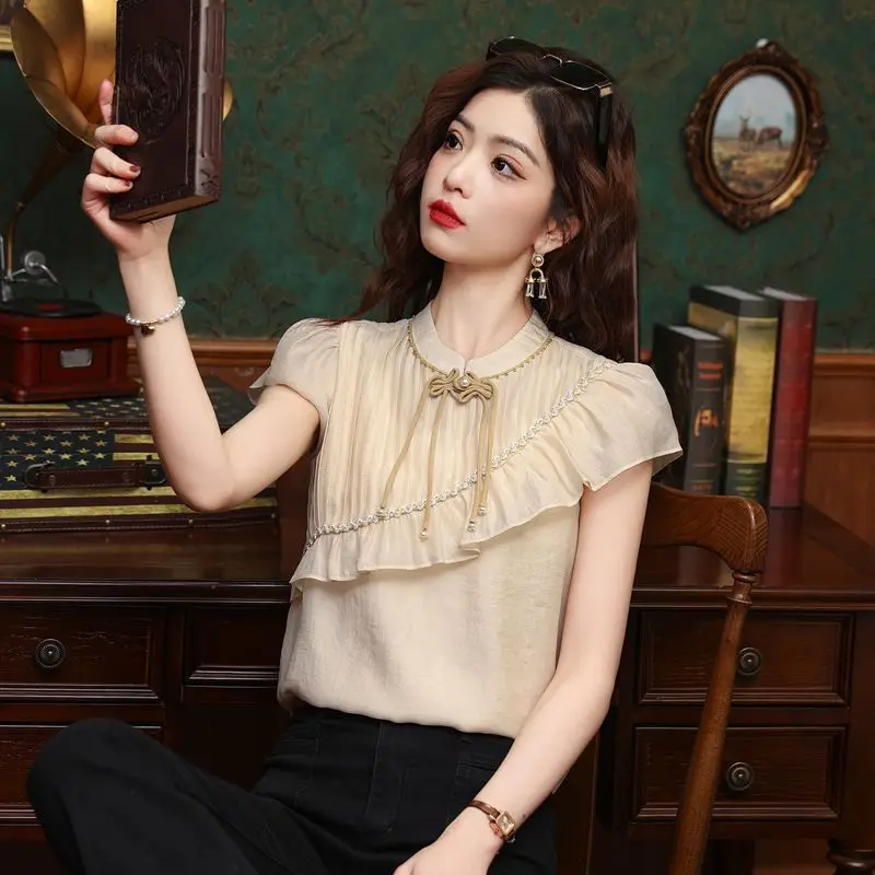 

New Chinese Style Button Collar Chiffon Shirt Women's Summer New Fashion Top