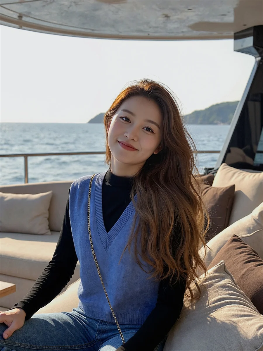 

Women'S Sweater Vests Crochet V-Neck Autumn Winter Slim-Fitting Solid Coffee Bright Champagne Beige Fashion Sleeveless Chic