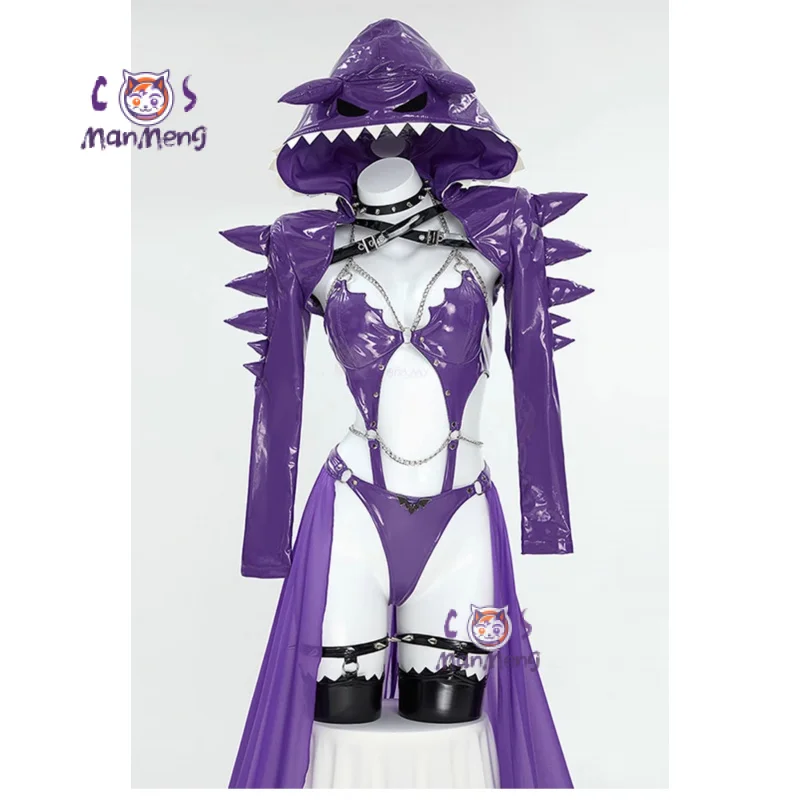 Pokemo Gengar Cosplay Ectoplasma Costume Anime Game Purple leather jumpsuit jacket necklace sock  Halloween women sexy set