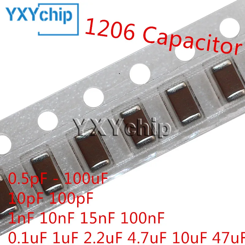 

100pcs 1206 SMD Chip Multilayer Ceramic Capacitor 0.5pF - 100uF 10pF 100pF 1nF 10nF 15nF 100nF 0.1uF 1uF 2.2uF 4.7uF 10uF 47uF