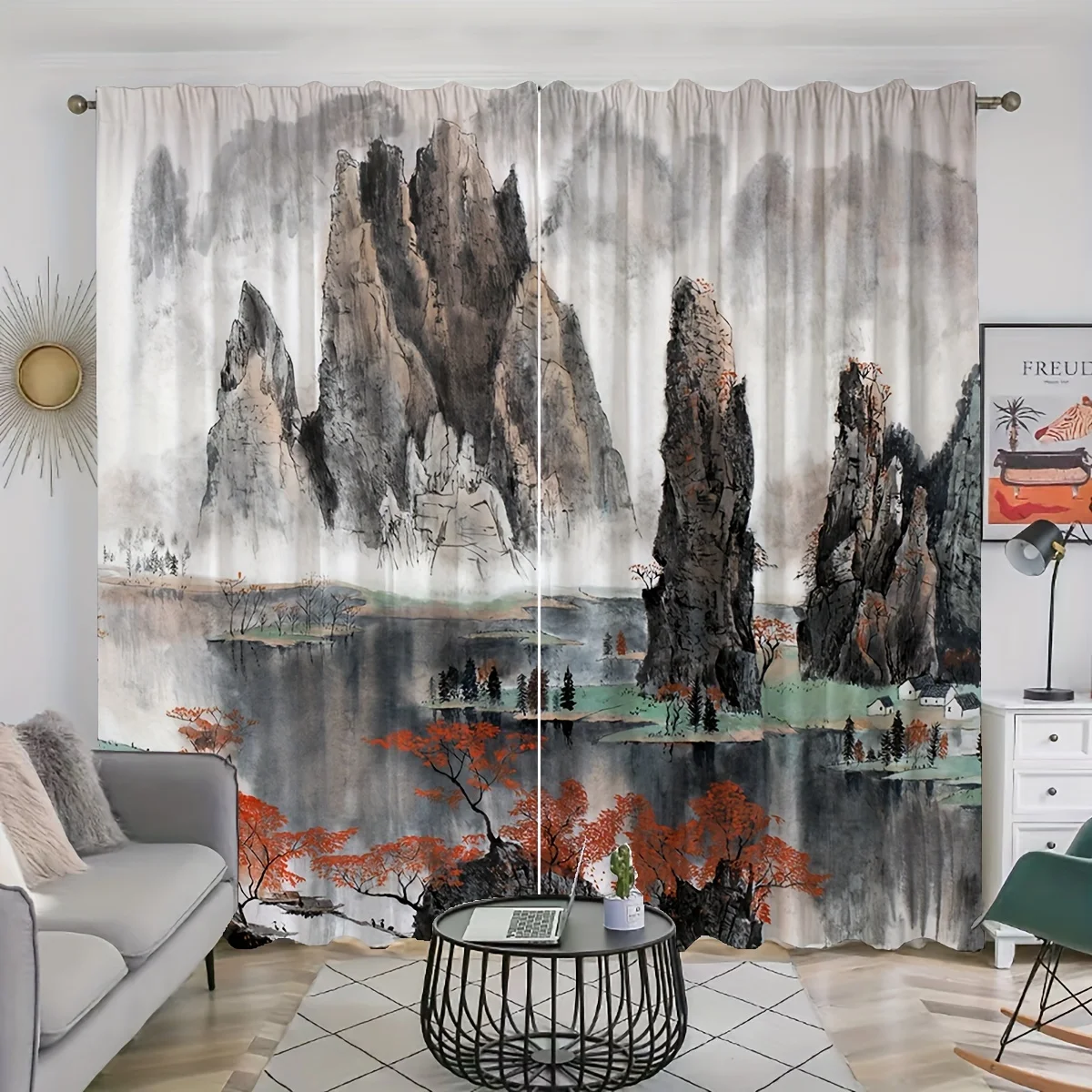 2pcs Chinese Mountain lnk Painting Print Curtain,  Digital Printing Curtains for Living Room Bedroom Kitchen Study, Home Decor