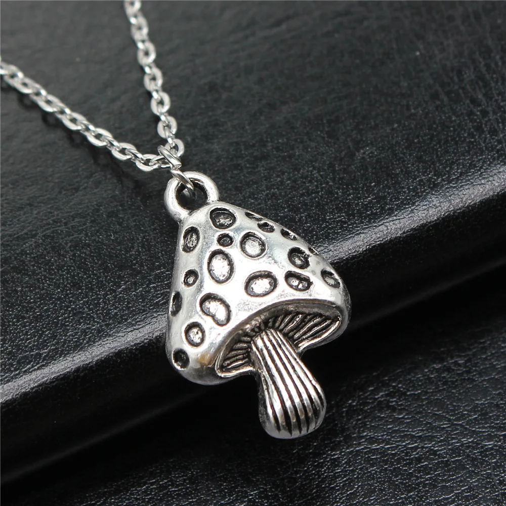 Fashion Simple Vintage Antique Silver Color 28x18mm Mushroom Pendant Necklace For Women