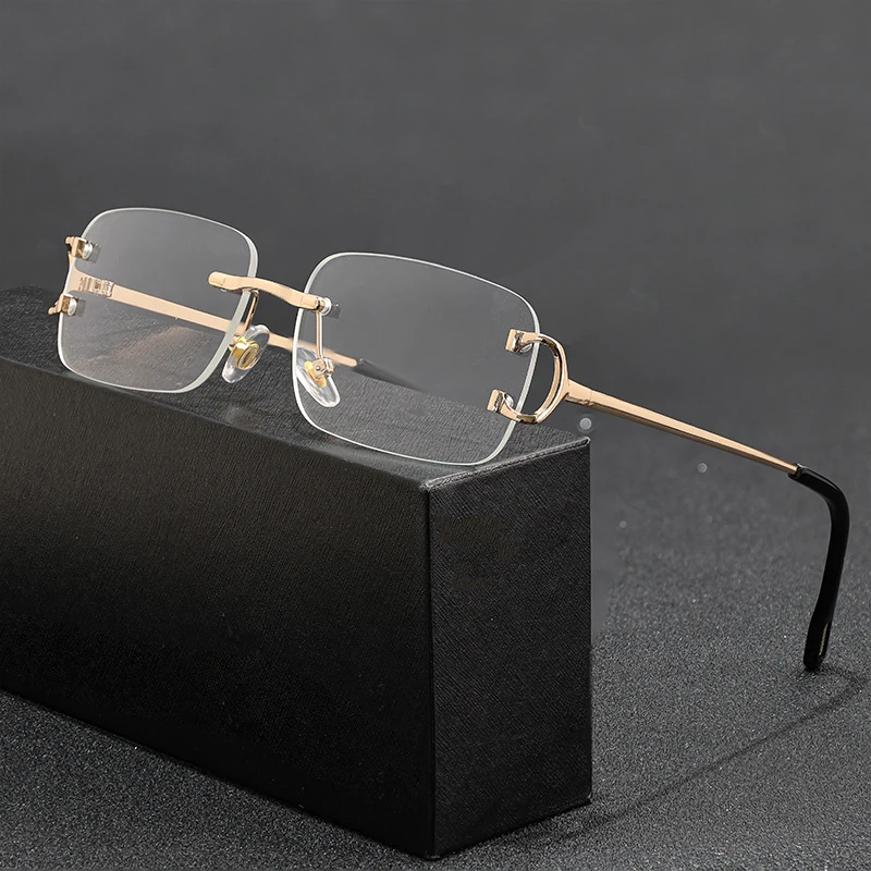 HBK Retro Rimless Small Sunglasses Women Metal Rectangle Gold Frame Brand Design Men Eyewear Driving Travel Beach Eyewear UV400