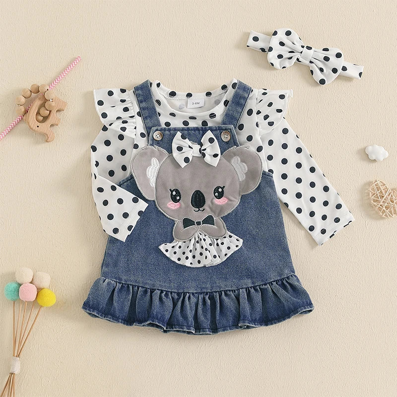 SUNSIOM 0-18Months Baby Girls Clothes Sets Long Sleeve Dots Print Romper Koala Suspender Dress Bow Headband Fall Outfit