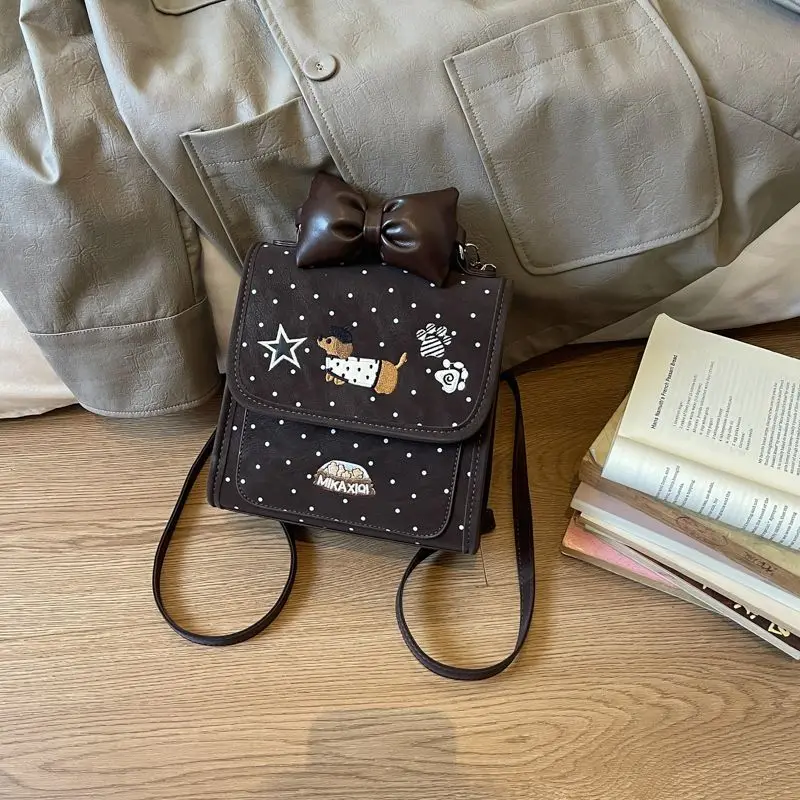 2-in-1 Cute Y2K Kawaii Mini Backpack Girls Detachable Shoulder Bag, Polka Dot Bow Dachshund Embroidery Small Purse for Kids Teen - view 6