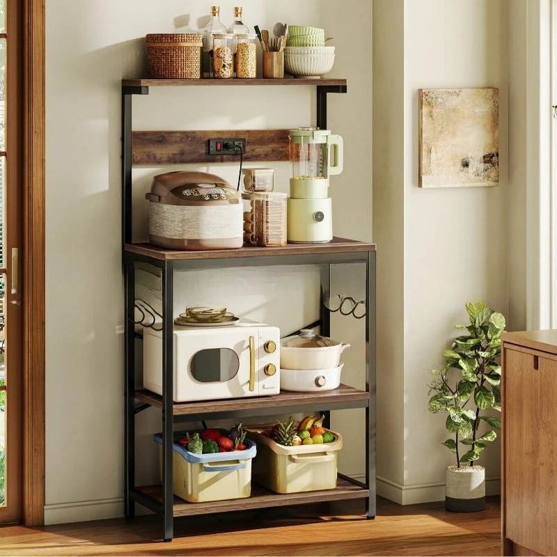 ชั้นวางของในครัวแบบเหล็ก ชั้นวางกาแฟ ชั้นวางไมโครเวฟแบบสี่ชั้น พร้อมตะขอรูปตัว S สำหรับอุปกรณ์ครัว