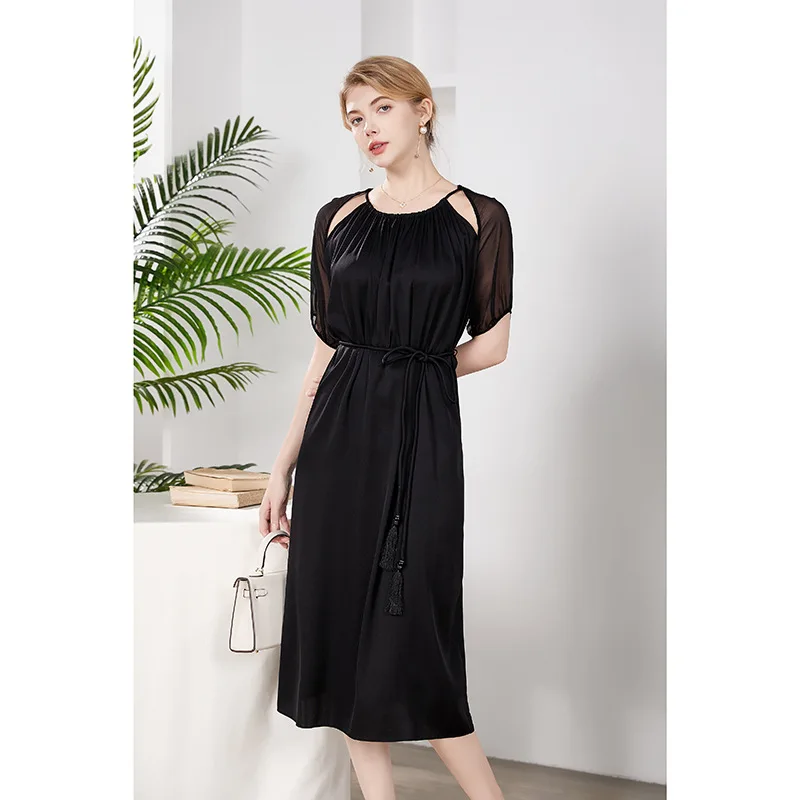 Vestido de seda Mulberry para mulheres solto e fino, temperamento preto, moda verão D41413