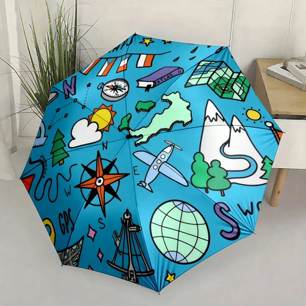 1PC Colorful Adventure Icons on a Vibrant Umbrella Print 8 Iron Ribs Folding Umbrella Auto-Open Fashion Sunshade