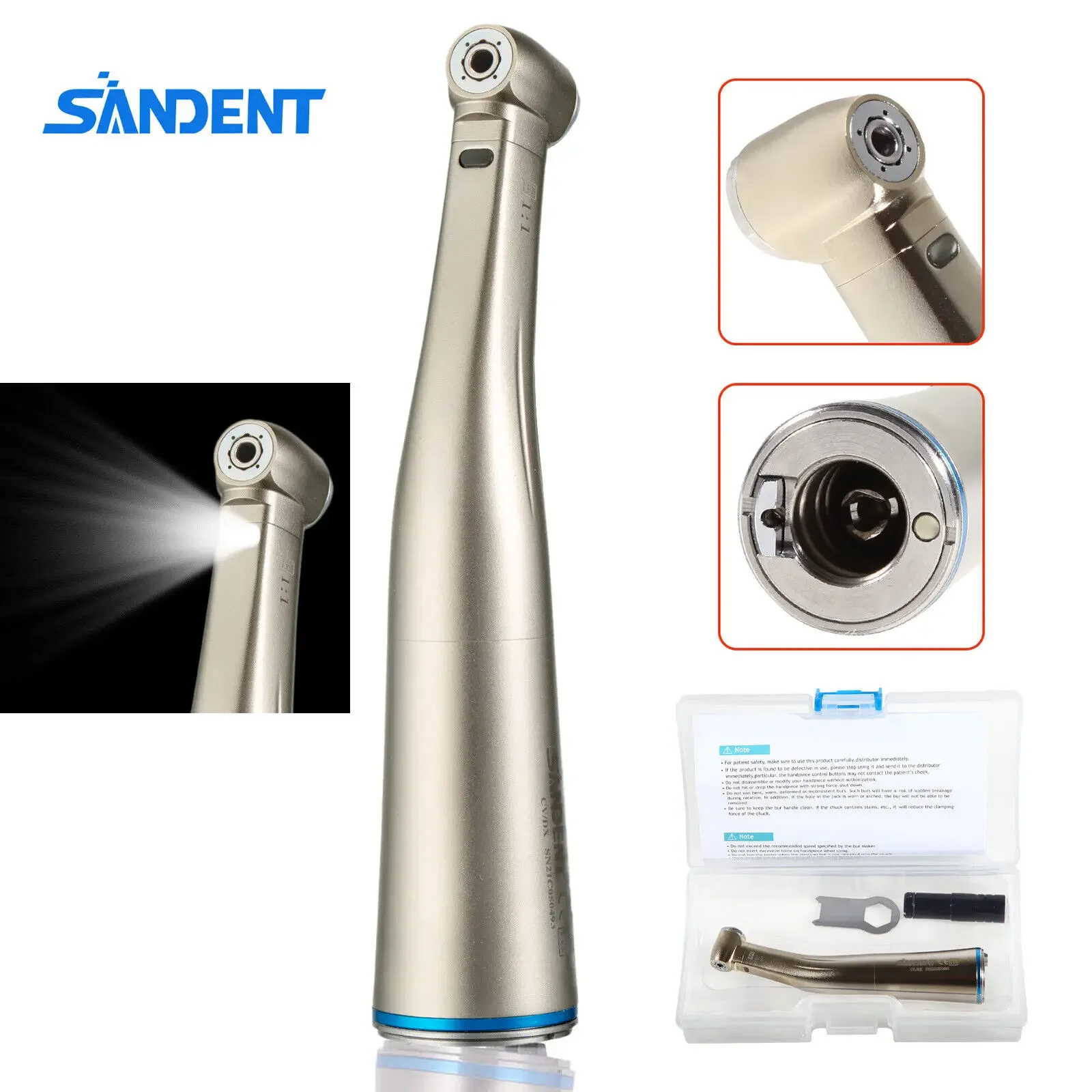 Dental 1:1 LED Fiber Optic Contra Angle Low Speed Handpiece Inner Spray Push Button Fit NSK