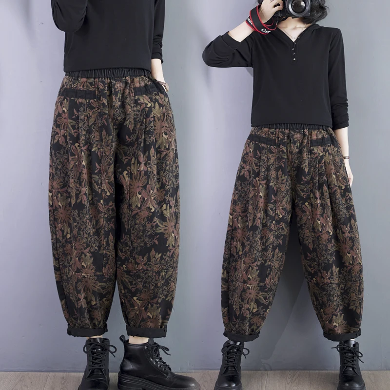 الرجعية طباعة هارلان السراويل النسائية عارضة فضفاض التخسيس Faionable ربيع الخريف عالية الخصر طويل بلا أبي الجينز السيدات