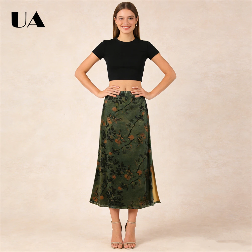 Ulbyanry elegante na moda saia de veludo outono retro floral cintura alta emagrecimento saia longa vintage elegância saias