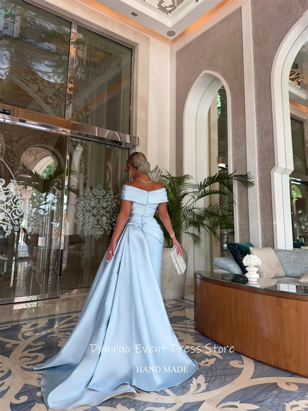 Dianruo Dubai Vestidos de noche de sirena con pliegues y hombros descubiertos Satén فساتmaveraAzul claro 2025 Vestidos de fiesta personalizados