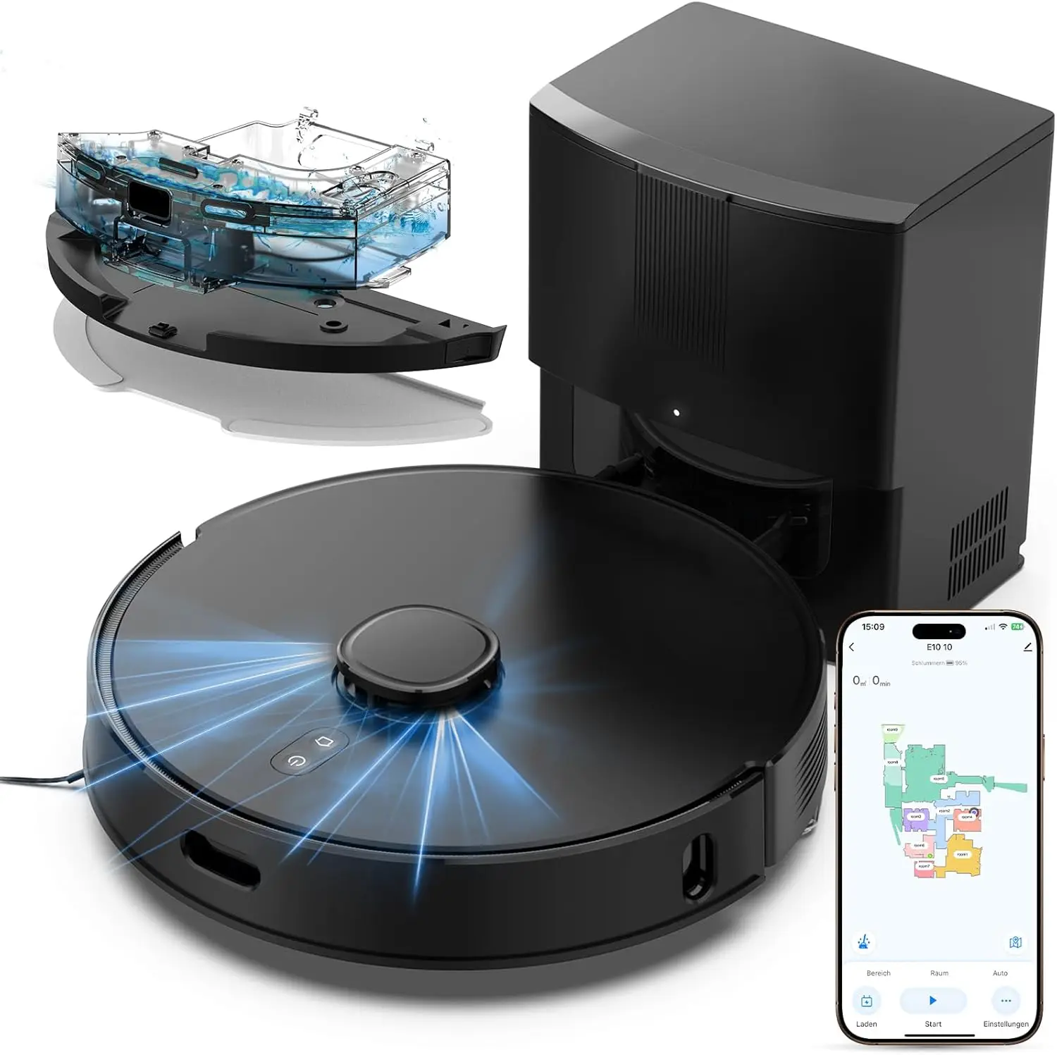 

Robot Vacuum and Mop Self Emptying with 8 000Pa Suction LiDAR Navigation Home Mapping 75 Day Capacity No Go Zones 150 Mins APP