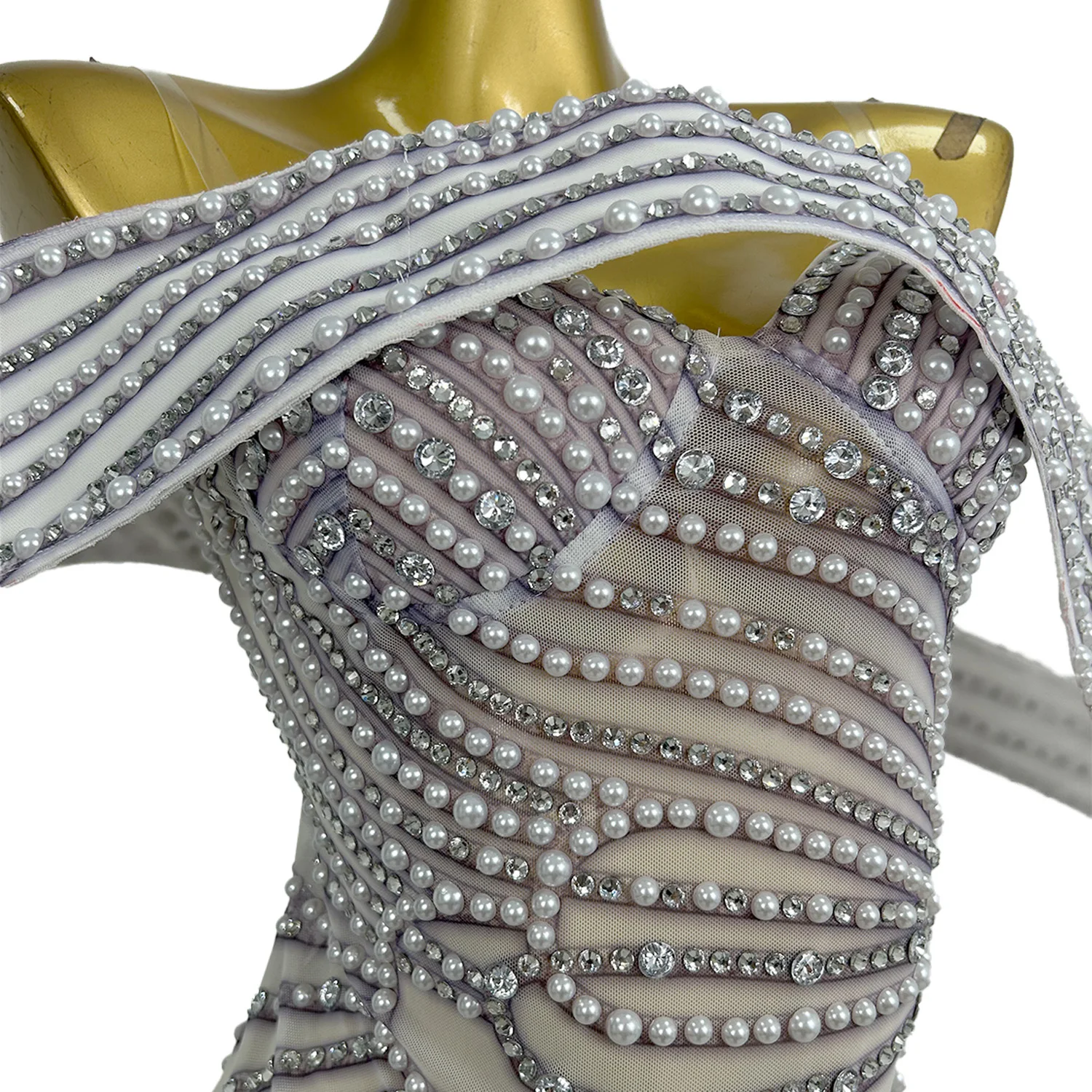 Luksusowa sukienka z długiej, przezroczystej siateczki, zdobiona cyrkoniami i perłami, dla kobiet, couture, seksowna, na studniówkę, urodziny, wieczór, sesję zdjęciową, styl Moli.