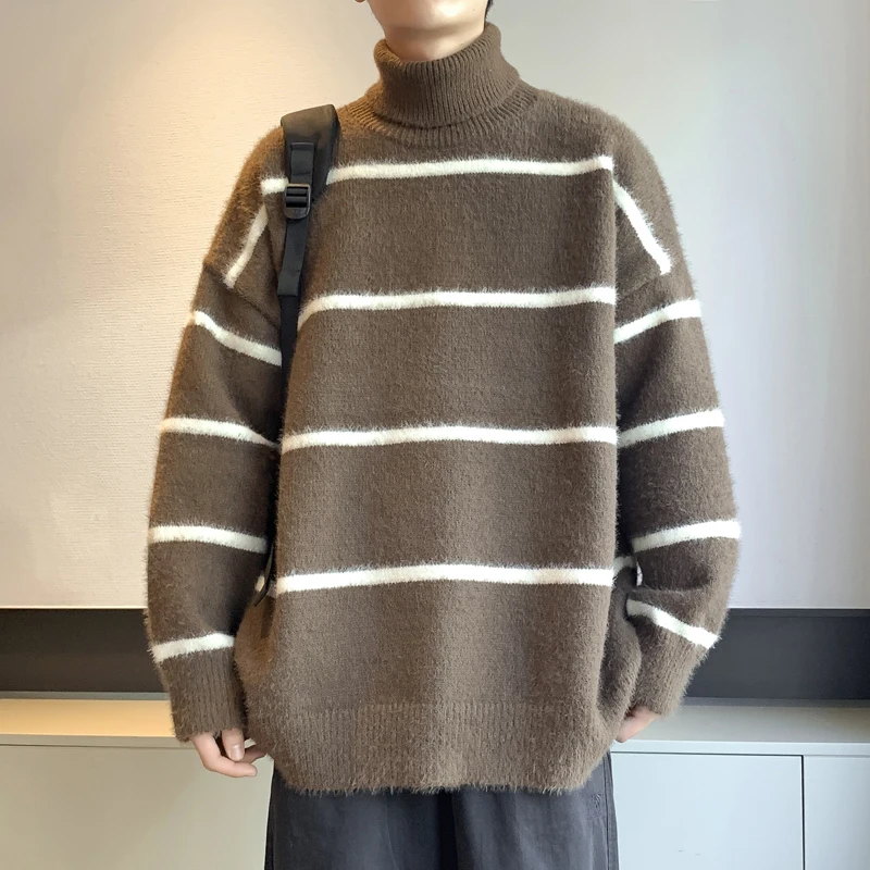 

Trendy High Ne Knitwear Men's Spring Autumn Warm Loose Lazy Sle Knitted Sweater Woolen irt Casual Stripe Pattern